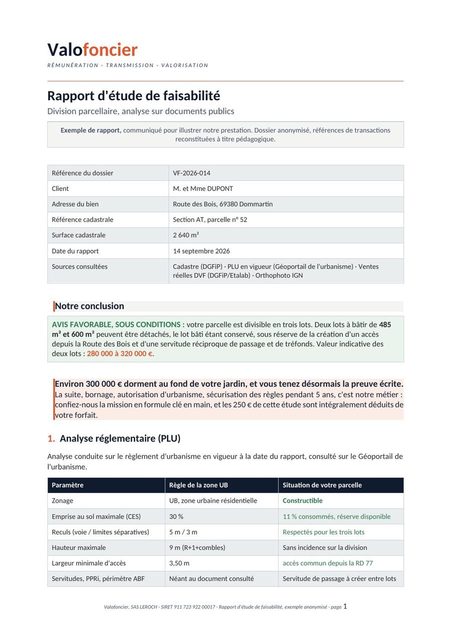 Exemple de rapport de faisabilité pour une division parcellaire — Valofoncier, page 1